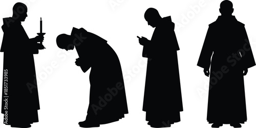 Religious monk silhouettes in prayer sequence, spiritual ritual poses, black robe figures isolated on white background, minimalist sacred concept