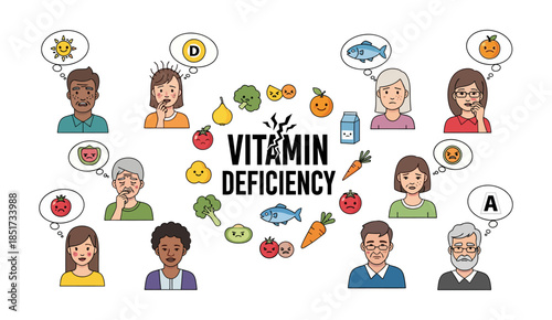 Vitamin deficiency symptoms and health impact on diverse people infographic