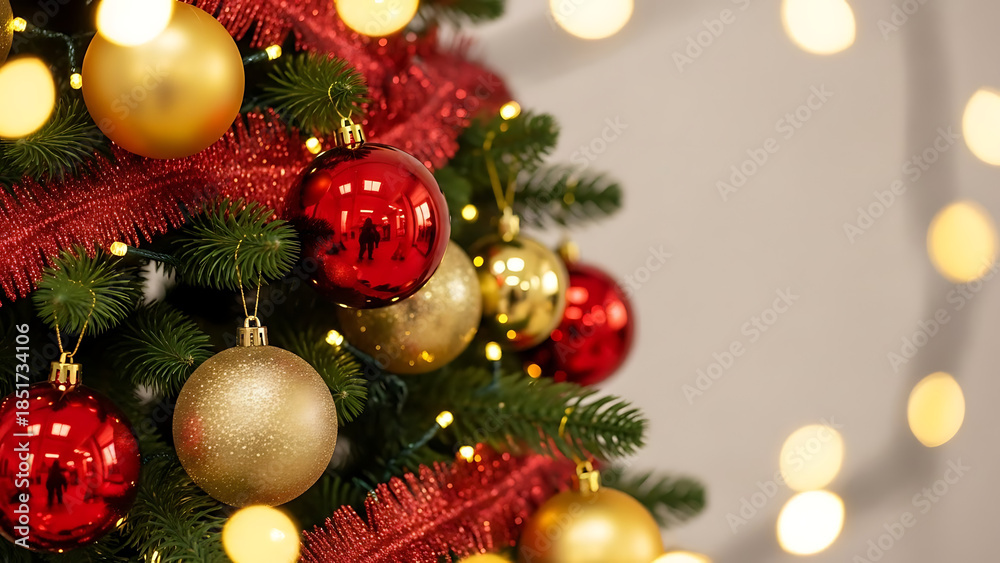 Obraz premium Elegant Christmas tree adorned with shimmering red and gold ornaments, sparkling lights, and festive accents, radiating a warm, joyful holiday ambiance and seasonal cheer