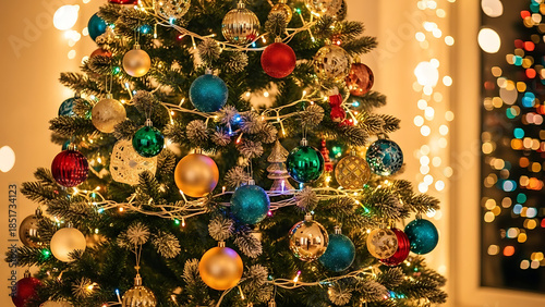 Festive Christmas Tree Adorned with Ornaments and Twinkling Lights, Creating a Warm and Inviting Holiday Ambiance