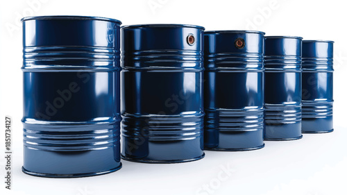 Five blue metal oil barrels on white background