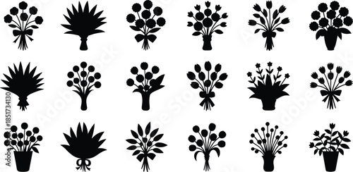 Black silhouette icon set of 20 floral arrangements with varied bouquet shapes, flower styles, and wrapping designs – botanical reference