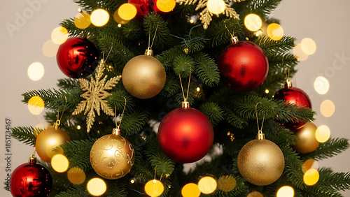 A beautifully decorated evergreen tree, adorned with shimmering red and gold ornaments, bathed in the soft glow of festive bokeh lights, evoking a delightful seasonal atmosphere