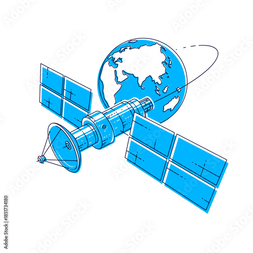 Satellite flying orbital flight around earth, communication technology spacecraft space station with solar panels and satellite antenna plate. Thin line 3d vector illustration.
