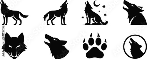 Black silhouette icon set of eight wolf-themed illustrations including howling poses, moon scene, paw print, and emblem
