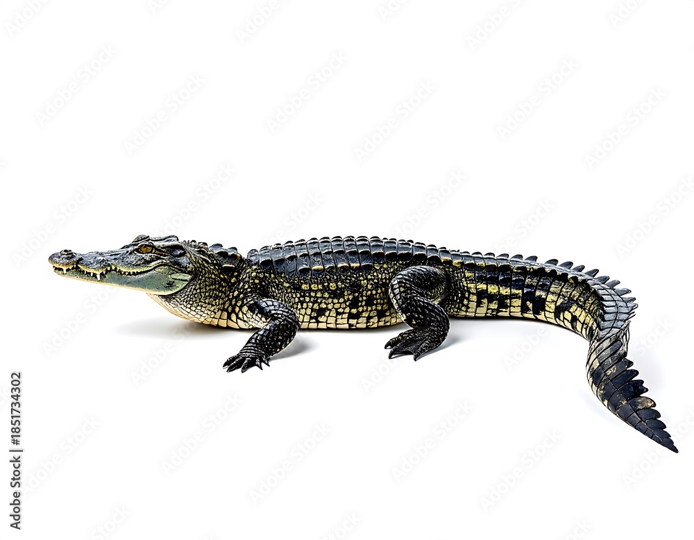 Fototapeta premium Crocodile side view isolated on white background showing powerful body high resolution image