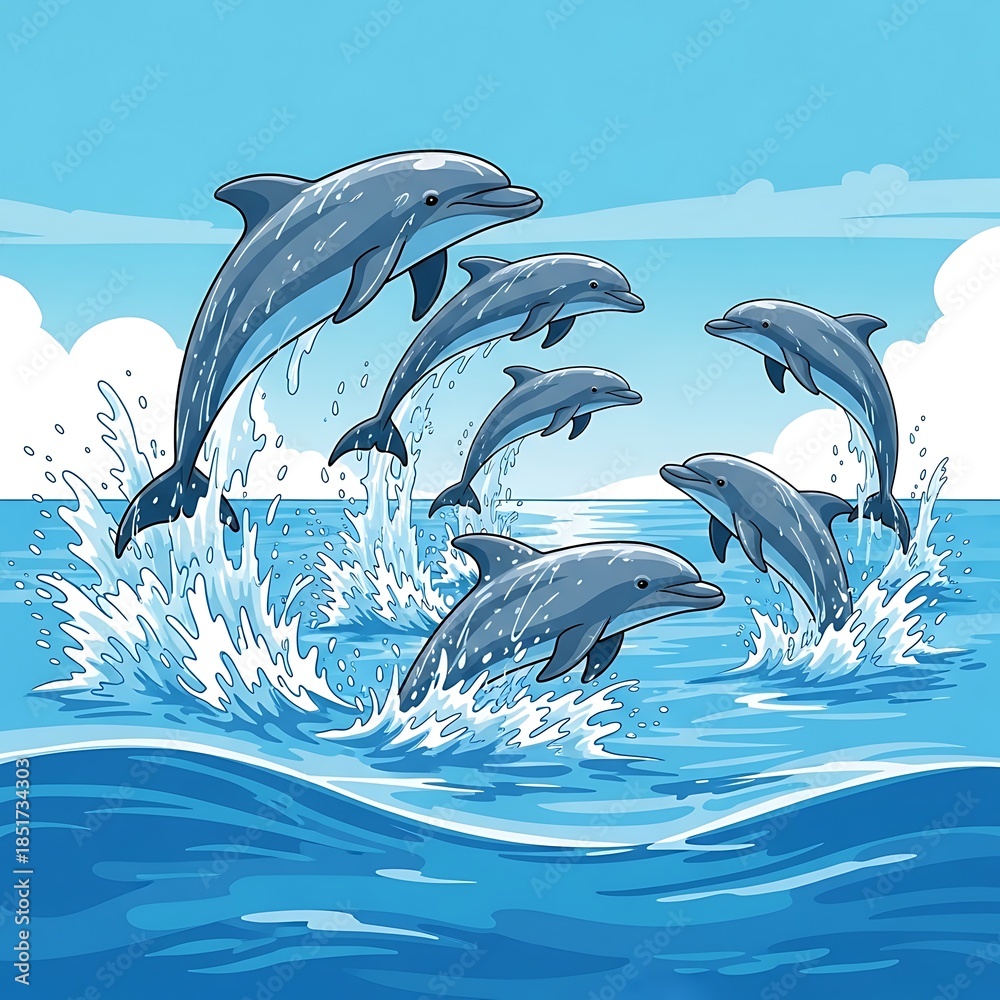 Obraz premium Dolphins Leaping - A Vibrant Marine Scene in Vector Art.