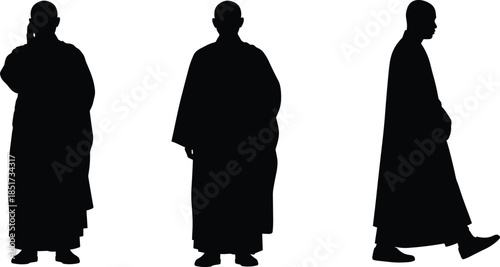 Religious monk silhouettes standing and walking, spiritual robe figures, Buddhist clergy isolated on white background, sacred lifestyle illustration set collection