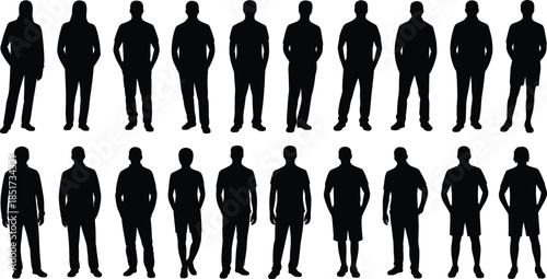 Black silhouette illustration of 18 diverse standing human figures with varied posture, hairstyle, and clothing – demographic reference set