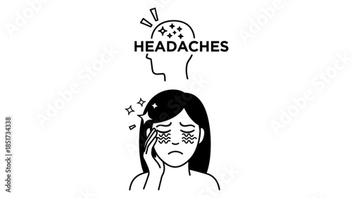 Woman suffering from severe headache and migraine symptom icon.