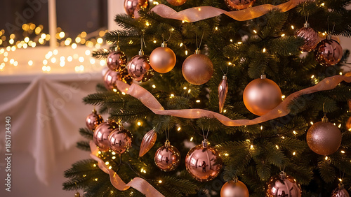 Festive Rose Gold Christmas Tree Ornaments with Twinkling Lights and Ribbon