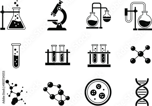 Essential Science and Laboratory Icon Set Featuring Molecular Structures, Lab Equipment, Test Tubes, DNA Helix, Microscope, and Petri Dish