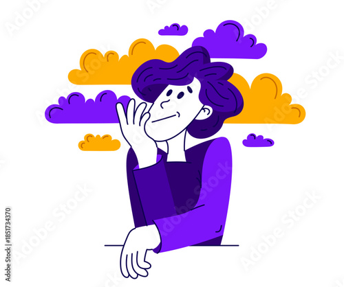 Young man thinking and solving some problem, vector illustration of a guy having doubts and ideas, analyzing or dreaming.