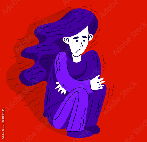 Young woman having a psychological problem of stress or anxiety, vector illustration of stressed girl having mental disorder or tired, headache flat style drawing.