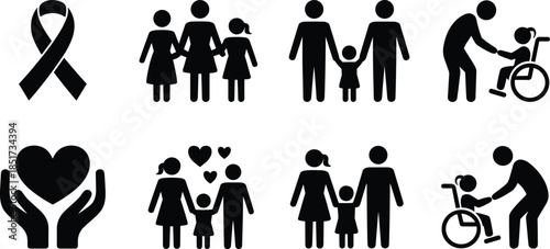 Black silhouette icon set representing family, caregiving, and support themes including wheelchair assistance, heart care, and awareness ribbon