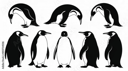 Comprehensive Set of Eight Black and White Penguin Silhouettes Featuring Standing, Bowing, and Profile Poses for Nature Illustration and Educational Wildlife Design.