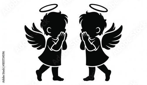 Black Silhouettes of Two Small Cherub Angels with Halos and Wings Facing Each Other in a Praying Pose for Religious or Commemorative Designs.