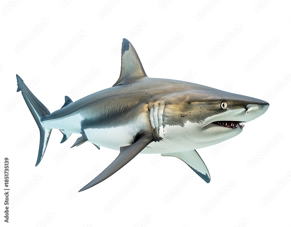 Fototapeta premium Shark isolated on white background showing powerful body and sharp fins high resolution image