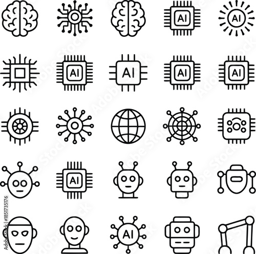 A comprehensive set of outline icons representing artificial intelligence, robotics, and advanced technology concepts
