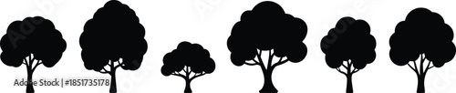 Black silhouette illustration of seven diverse tree shapes with varied canopy and trunk styles – botanical and design reference