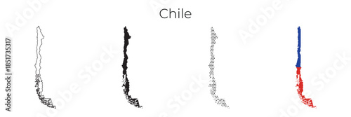 Chile map illustration set with outline, solid silhouette, and flag design.