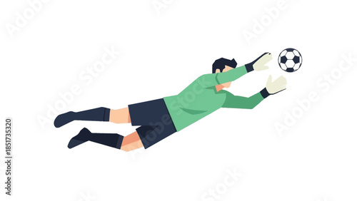 A male soccer goalkeeper in a green shirt diving horizontally to save a black and white soccer ball.