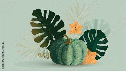Green pumpkin with tropical leaves and flowers on sage background