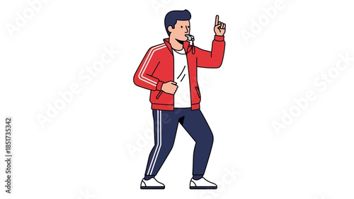 Male coach or referee in a red tracksuit blowing a whistle and pointing up.