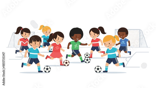 Diverse group of happy children playing soccer on a field with goals, illustrating youth sports and teamwork.