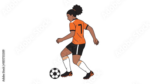 Illustration of a female soccer player in an orange jersey dribbling a black and white soccer ball on a white background.