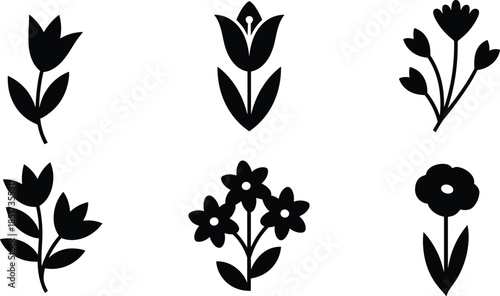 Black silhouette illustration of six unique flower icons with varied petal and stem designs – botanical and decorative reference