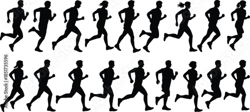 Black silhouette illustration of sixteen runners in varied stride stages – male and female athletic motion reference set