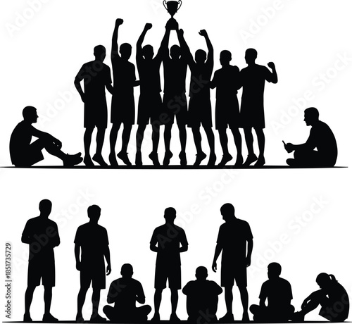 Sports team silhouettes celebrating victory trophy, winning and losing contrast concept, athletes success and defeat isolated on white background illustration
