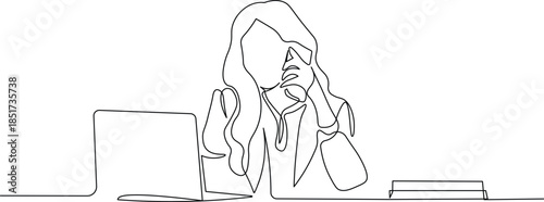 Continuous Line Illustration of Stressed Woman Working on Laptop and Talking on Phone. Minimalist Line Art Concept of Customer Service