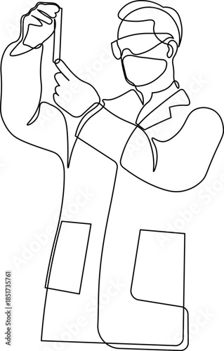 Scientist or Medical Personnel Using a Test Tube Drawing in Continuous Line Illustration. Minimalist Line Art Featuring Laboratory Research, Science, and Health Concepts