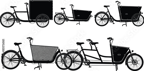 WebCargo bicycle silhouettes, tandem cargo bike, front and rear box design, urban transport vector, black illustration, delivery icon, eco mobility