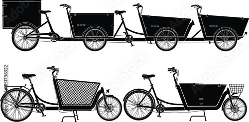 Cargo bicycle silhouettes, front and rear box bikes, delivery transport icons, urban mobility vector, eco commuting design, black illustration, three-wheel cargo