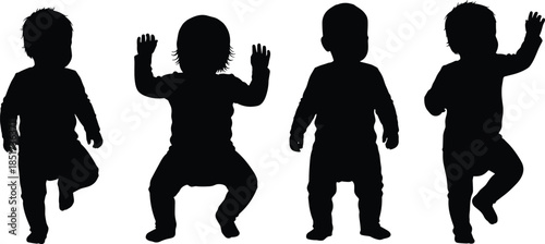 Toddler silhouettes standing and dancing, baby movement concept, black infant figures isolated on white background, playful childhood activity illustration set