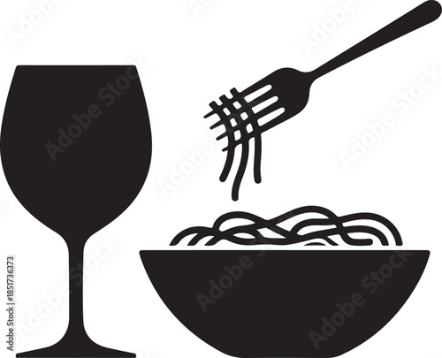 Black silhouette of a wine glass and spaghetti with fork 