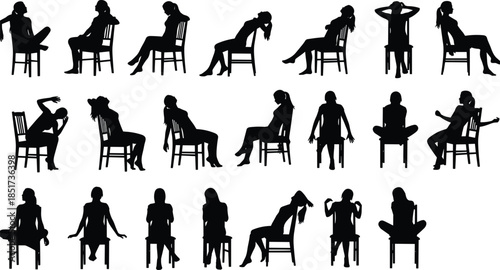 Seated human silhouette poses, chair sitting positions, body language icons, posture variations, black vector illustration, ergonomic study, gesture design, expressive sitting