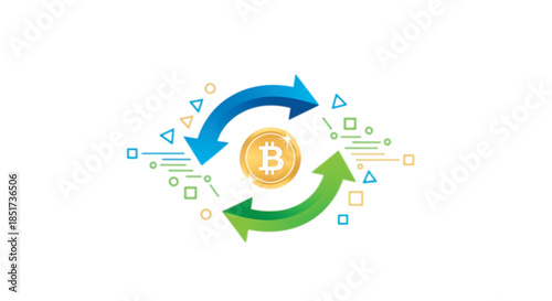 Digital currency exchange with arrows and geometric shapes on a white background.