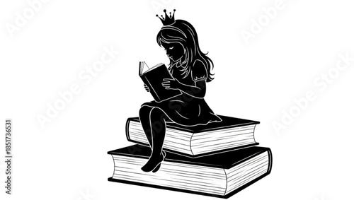 Black silhouette of a young girl with a crown, suggesting a princess. She is depicted sitting atop a large book while engrossed in reading another, smaller book she holds in her hands. 