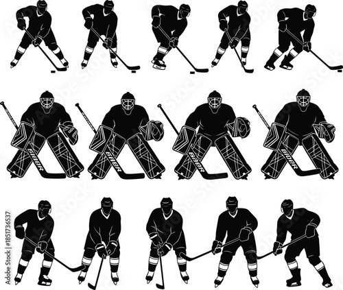 Ice hockey player silhouettes, goalie poses, skating action, puck control, stick handling, black icons, vector illustration, sports design, athlete movement, team sport