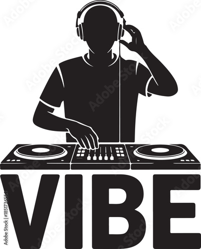 Dj playing music with headphones and turntables silhouette isolated on transparent background 