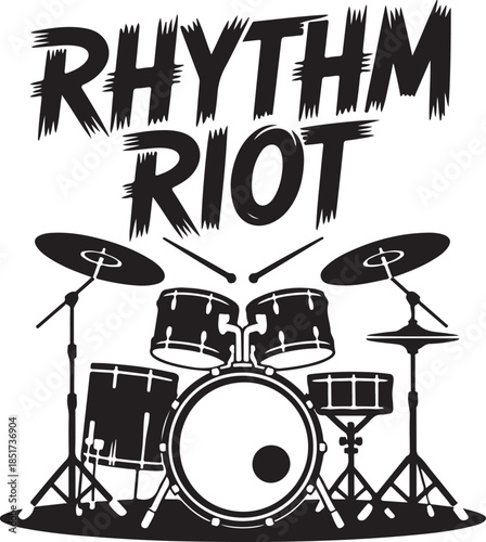 Rhythm riot black and white drum kit illustration