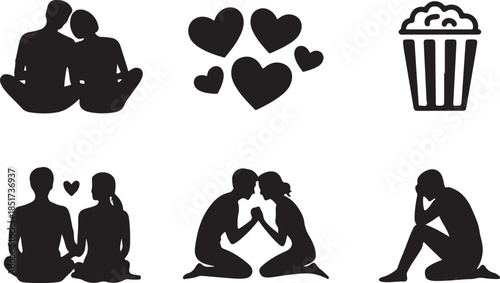 Romantic couple love hearts popcorn silhouette vector illustration black shapes 