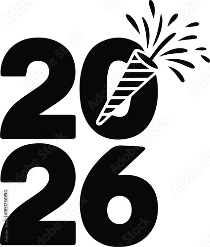 Minimalist black 2026 numbers with party popper exploding silhouette vector icon