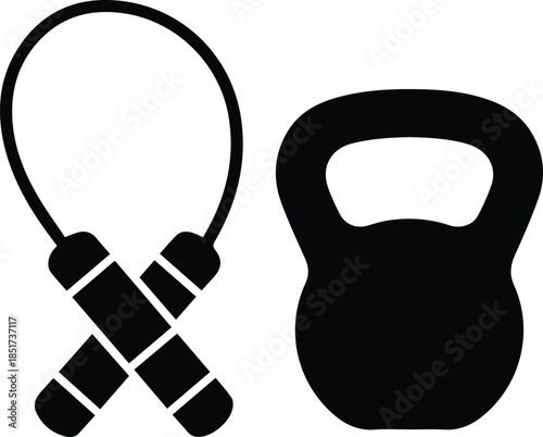 Minimalist black kettlebell and jump rope crossed silhouette vector icon