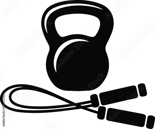 Minimalist black kettlebell and jump rope crossed silhouette vector icon
