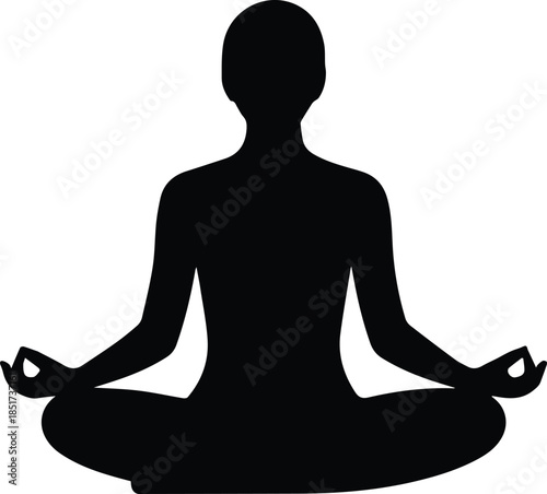 Minimalist black person in lotus pose meditation silhouette vector icon